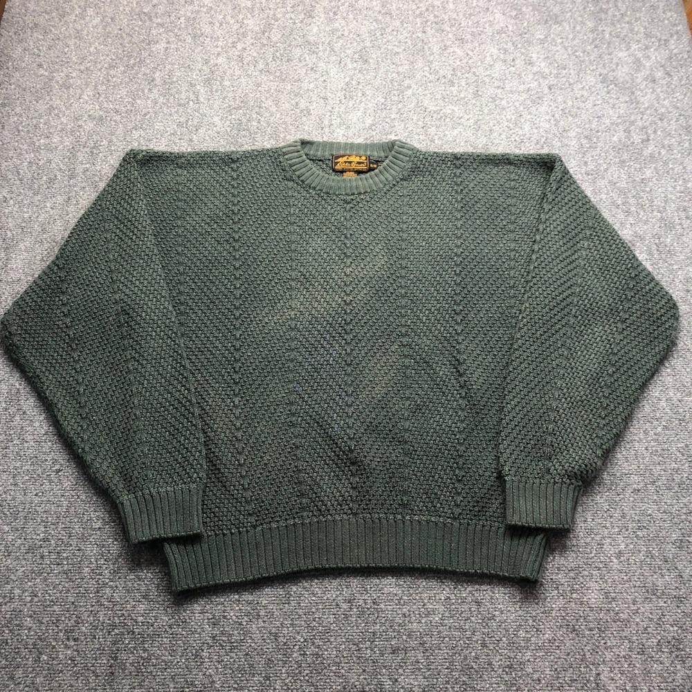Eddie Bauer Vintage Forest Green Cotton Cable Knit Crewneck Sweater Mens XL